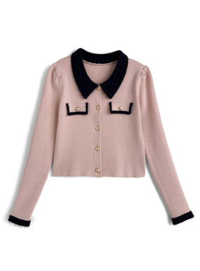 シャギーカラー配色ゴールドボタンカーディガン