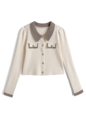 シャギーカラー配色ゴールドボタンカーディガン