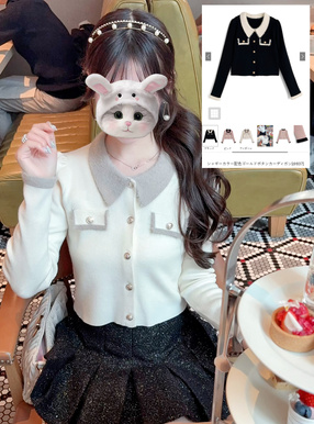 シャギーカラー配色ゴールドボタンカーディガン