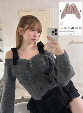 2WayVネックショルダーリボンケーブル編みニットトップス