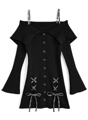 チェック柄レースアップオフショルダーニットワンピース