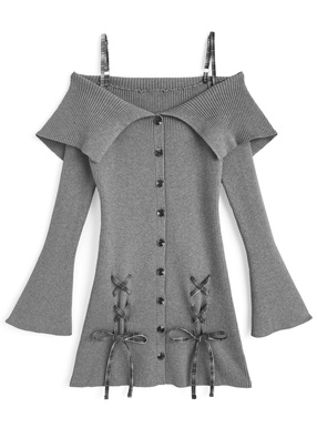 チェック柄レースアップオフショルダーニットワンピース