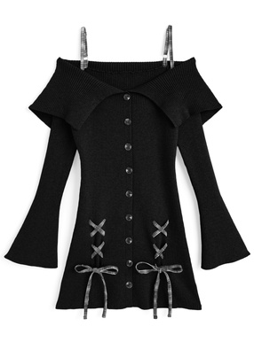 チェック柄レースアップオフショルダーニットワンピース