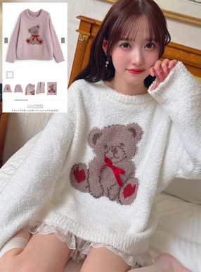 テディベアリボンジャガードニットトップス