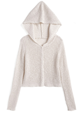 フード付き透かし編みニットカーディガン