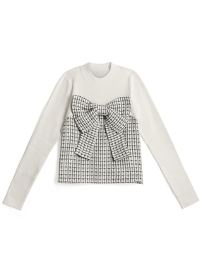 ビッグリボンツイードビスチェドッキングリブニットトップス