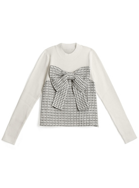 ビッグリボンツイードビスチェドッキングリブニットトップス