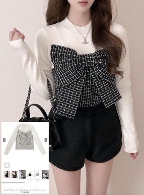 ビッグリボンツイードビスチェドッキングリブニットトップス