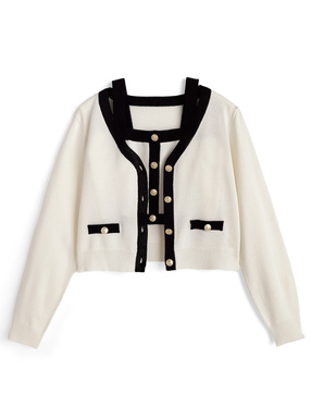 配色Vネックカーディガン×ビスチェニットアンサンブル