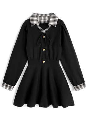 チェック柄シャツレイヤード風リボンニットミニワンピース