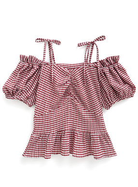 2Wayチェック柄パフスリーブリボンブラウス
