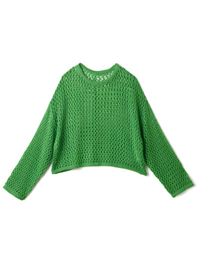 メッシュ編みクロップド丈ニットトップス