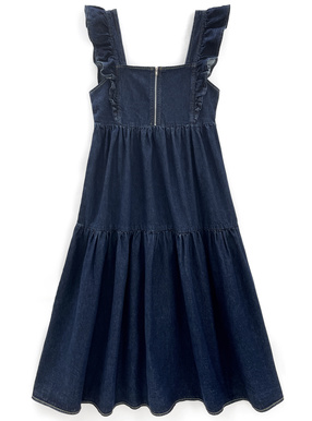 フリルショルダーデニムフレアロングワンピース