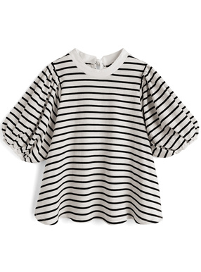 ボーダー柄バックリボンパフスリーブTシャツ