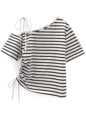 ワンショルダーボーダー柄ドロストリボントップス