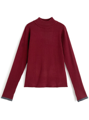 ボトルネック配色リブニットトップス