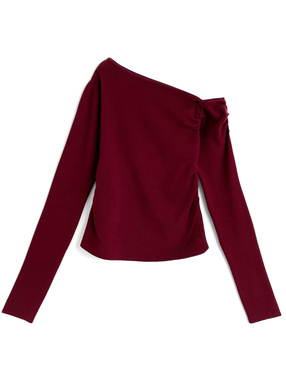 ワンショルダーギャザーリブニットトップス