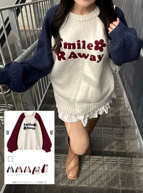 配色ラグランロゴニットトップス