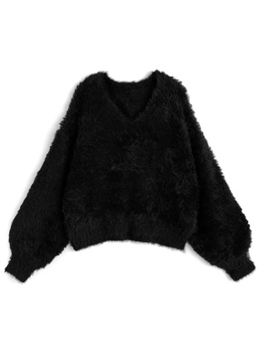 Vネックシャギーニットトップス