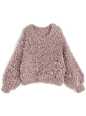 Vネックシャギーニットトップス