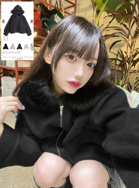 ファーフードダブルジップフェイクウールブルゾン