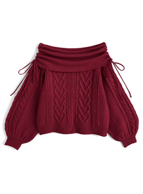 ハートケーブルドロストリボンオフショルダーニットトップス