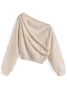 ワンショルダードレープシャギーニットトップス