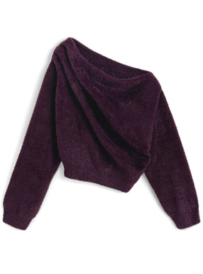 ワンショルダードレープシャギーニットトップス