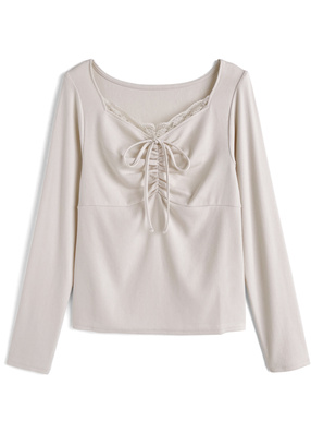 ギャザーリボンレースリブトップス