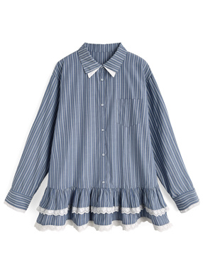 ストライプ柄レースフリルティアードシャツワンピース