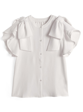 ショルダーリボンラッフルスリーブブラウス