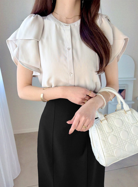 ショルダーリボンラッフルスリーブブラウス