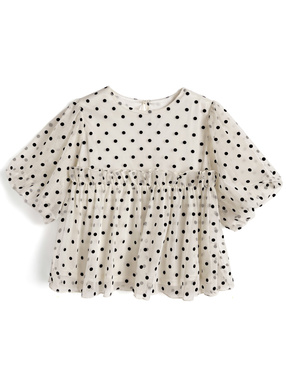 ドット柄バルーンスリーブギャザーフリルチュールブラウス
