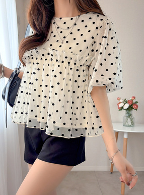 ドット柄バルーンスリーブギャザーフリルチュールブラウス