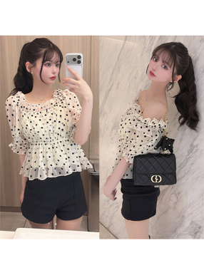 2Wayドット柄ペプラムフリルチュールトップス