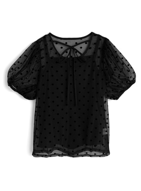 キャミソール付きドット柄ネックリボンパフスリーブチュールトップス