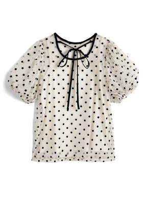 キャミソール付きドット柄ネックリボンパフスリーブチュールトップス