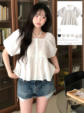 ホルターネック付きバルーンスリーブペプラムブラウス