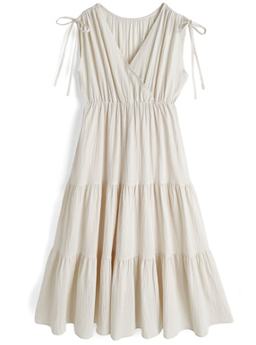 カシュクールギャザーリボンノースリーブワンピース