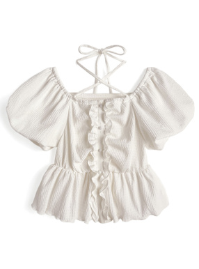 クロスネックバルーンスリーブフリルトップス