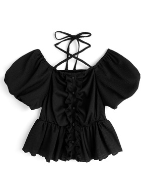 クロスネックバルーンスリーブフリルトップス