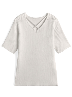 クロスネックリブニットトップス