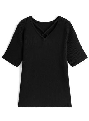 クロスネックリブニットトップス