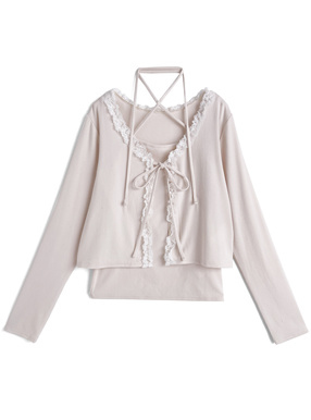 リボンフリルレースカーディガン×クロスネックキャミソールアンサンブル