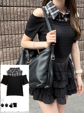 チェック柄シャツオフショルダーケーブル編みニットトップス