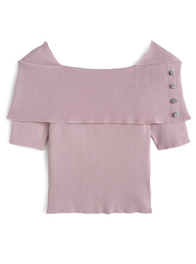 ビジューボタンオフショルダーリブニットトップス