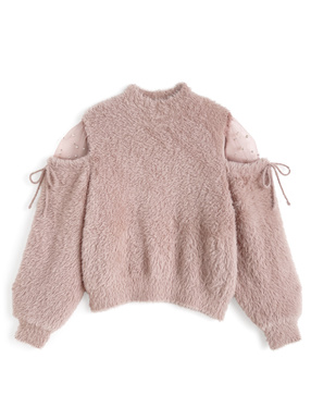 ショルダーチュールパールリボンシャギーニットトップス