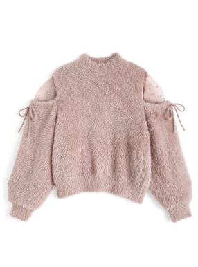 ショルダーチュールパールリボンシャギーニットトップス