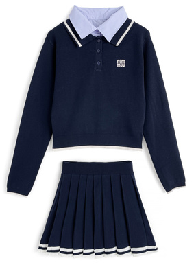 ポロニットトップス×インパン裏地付きプリーツミニスカートセットアップ