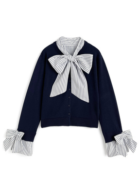 ストライプ柄ボウタイ袖リボンニットトップス